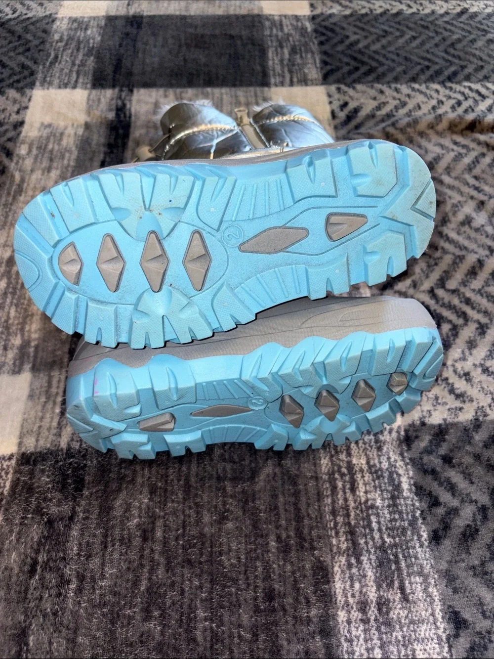 Kids Silver and Light Blue Insulated Snow Boots with Faux-Fur Cuff